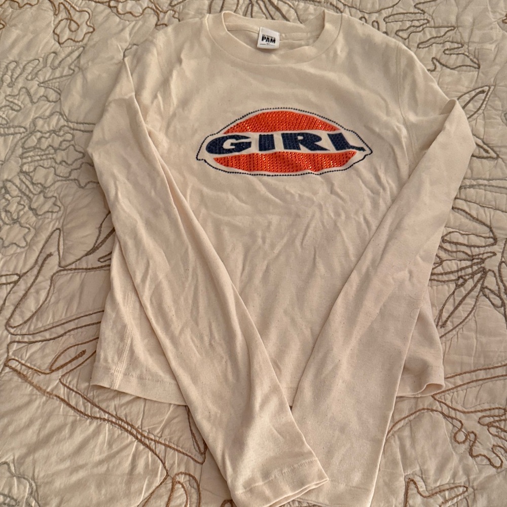 Re/Done Cream Long Sleeve Tee with Orange and Blue Graphic